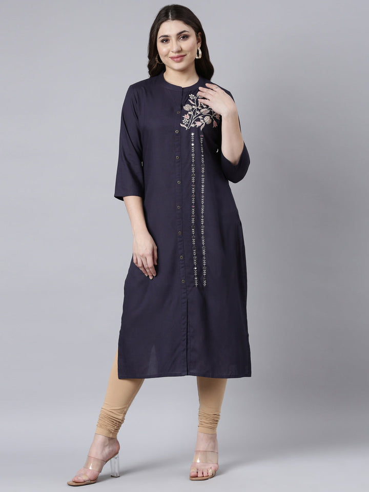 Neerus Blue solid straight kurti - front view