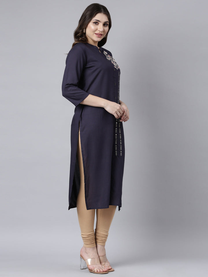 Neerus Blue solid straight kurti - back view