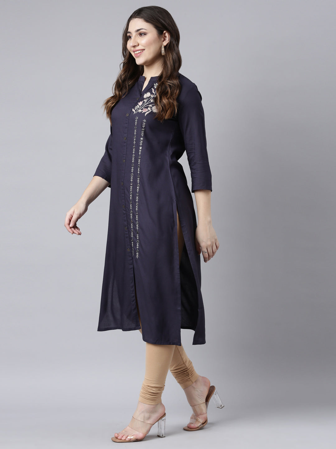 Neerus Blue solid straight kurti - detail view 2