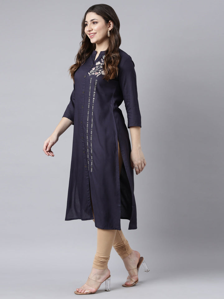 Neerus Blue solid straight kurti - detail view 2