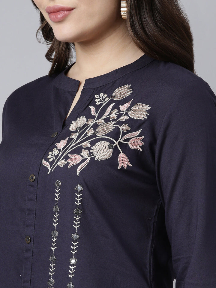 Neerus Blue solid straight kurti - detail view 1