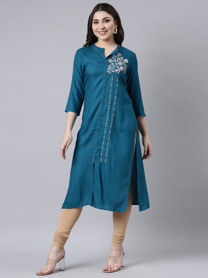 Neerus Blue solid straight kurti for women - front view