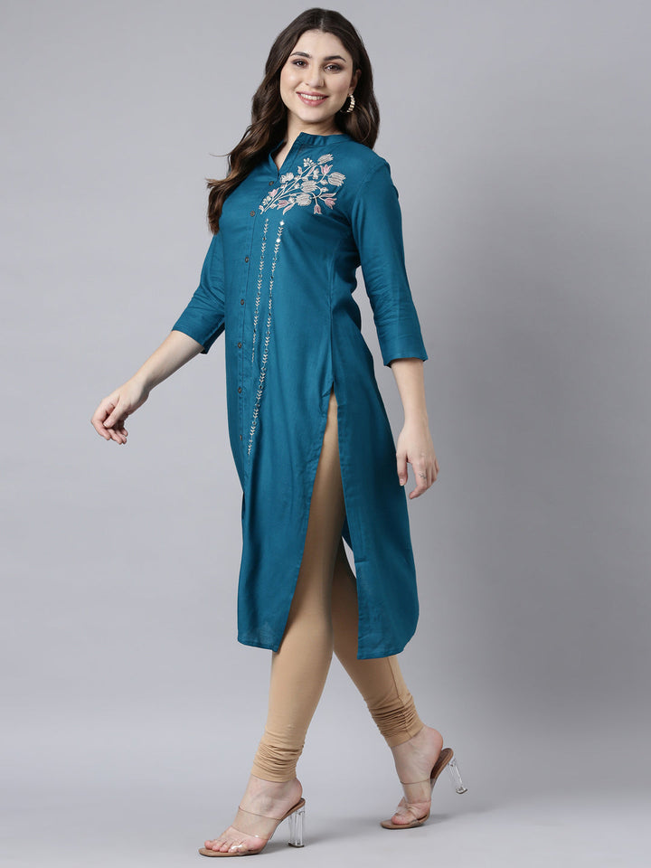 Neerus Blue solid straight kurti for women - detail view 2