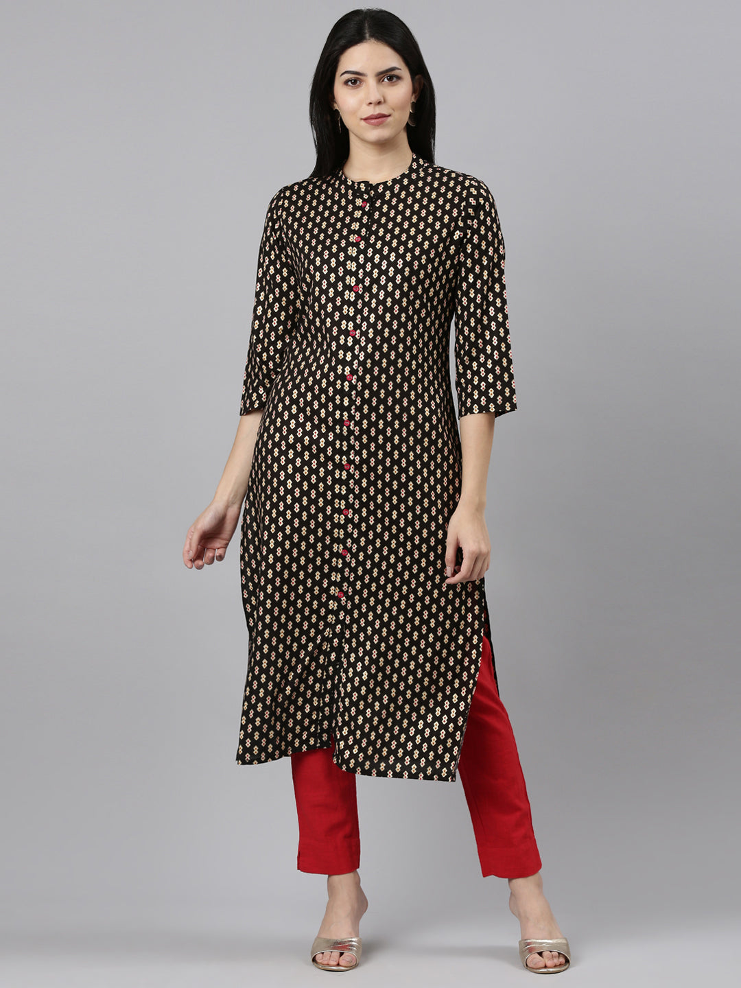 Neerus Black printed straight kurti - front view