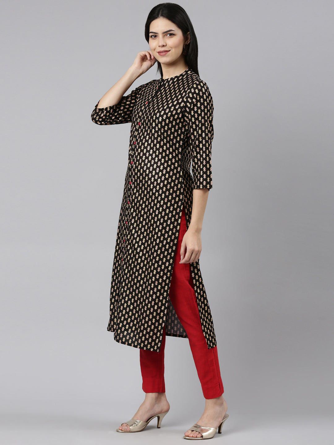 Neerus Black printed straight kurti - back view