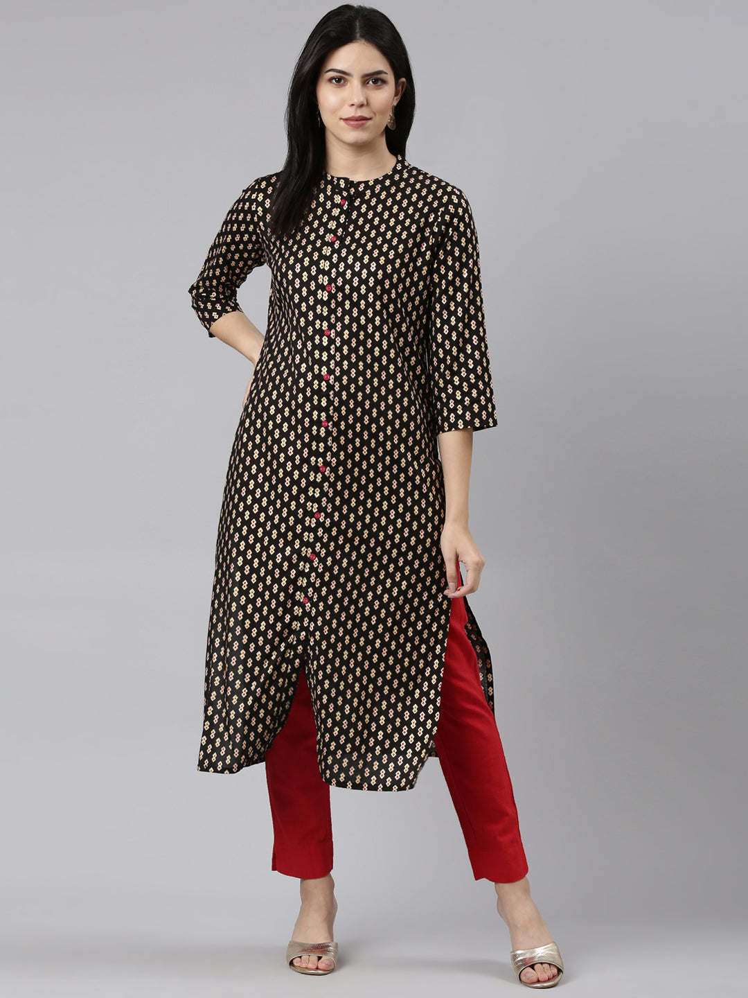 Neerus Black printed straight kurti - detail view 2