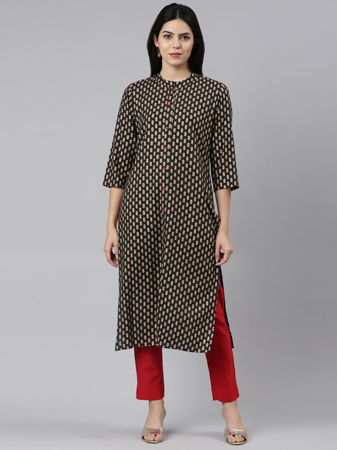 Neerus Green rayon printed straight kurti - front view