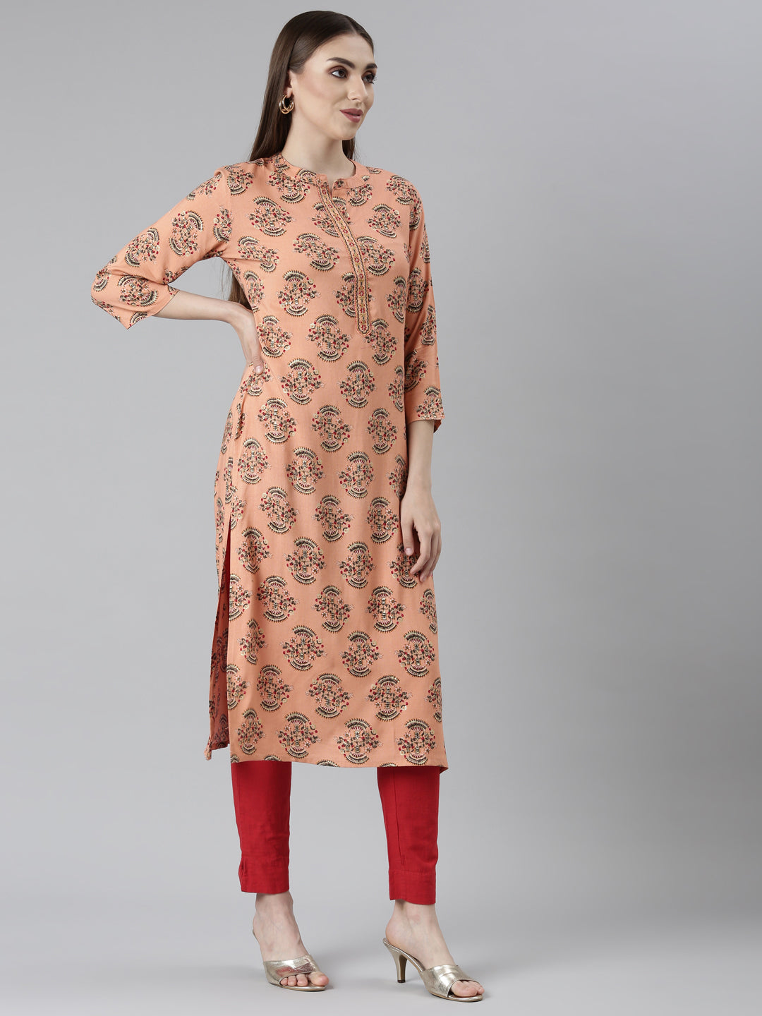 Neerus Orange rayon printed floral straight kurti - back view