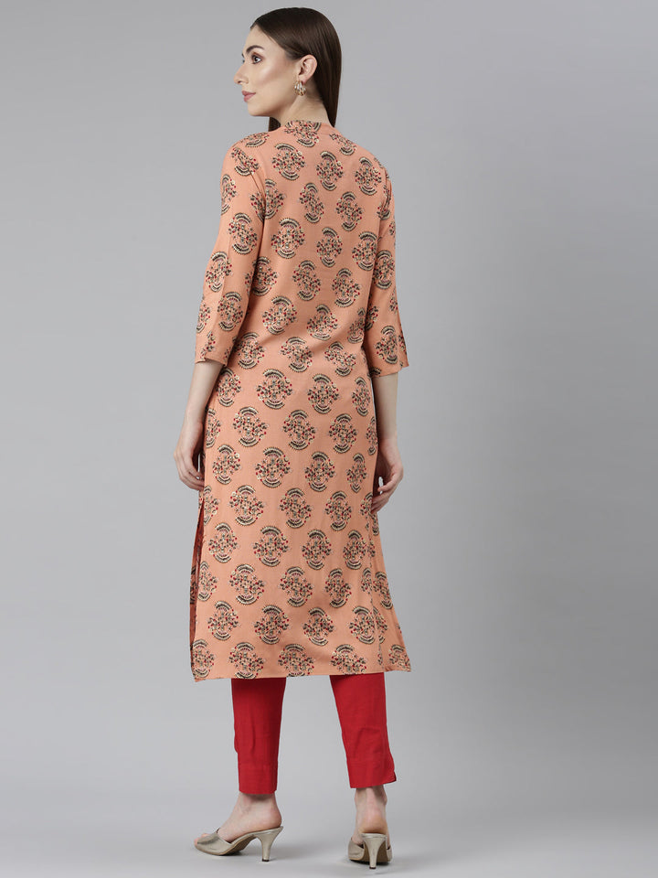 Neerus Orange rayon printed floral straight kurti - side view