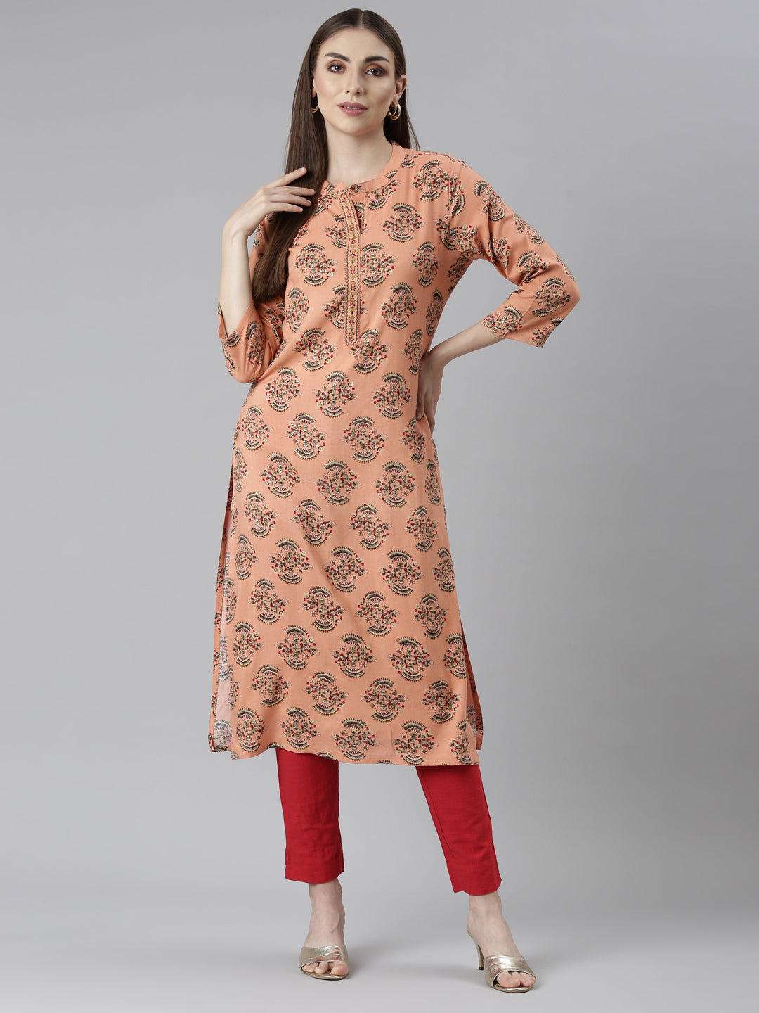 Neerus Orange rayon printed floral straight kurti - detail view 2