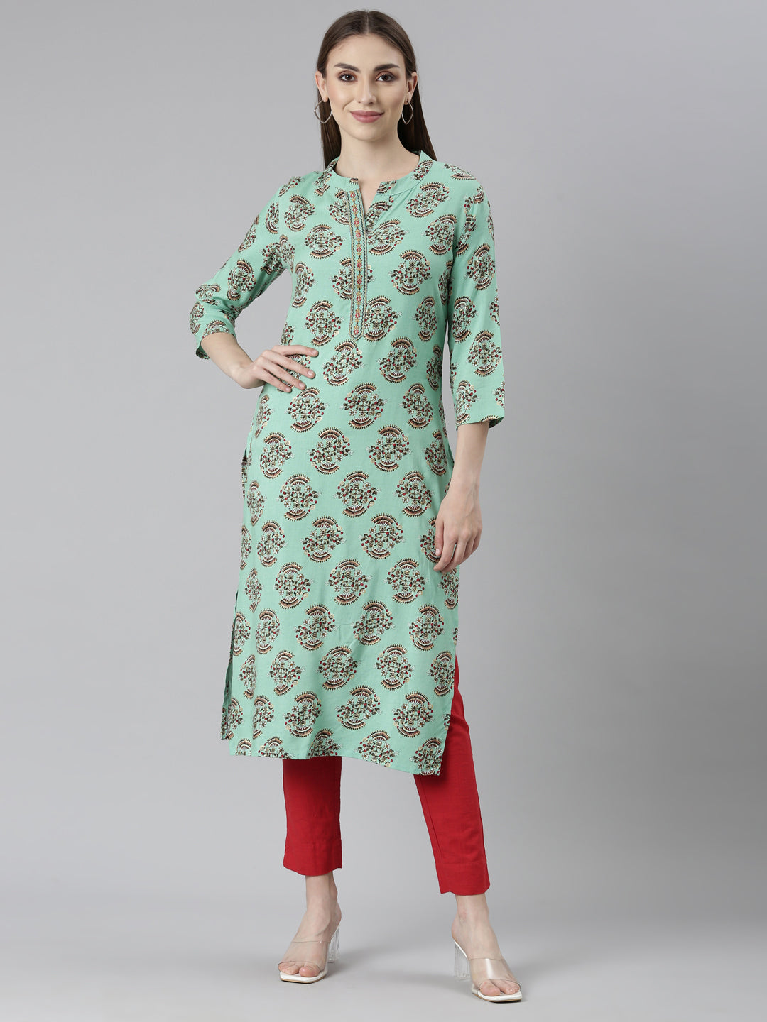 Neerus Green rayon printed floral kurta set - front view