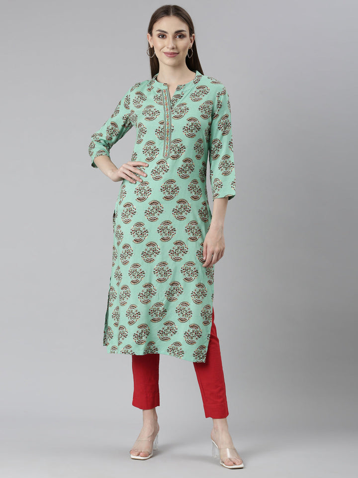 Neerus Green rayon printed floral kurta set - front view