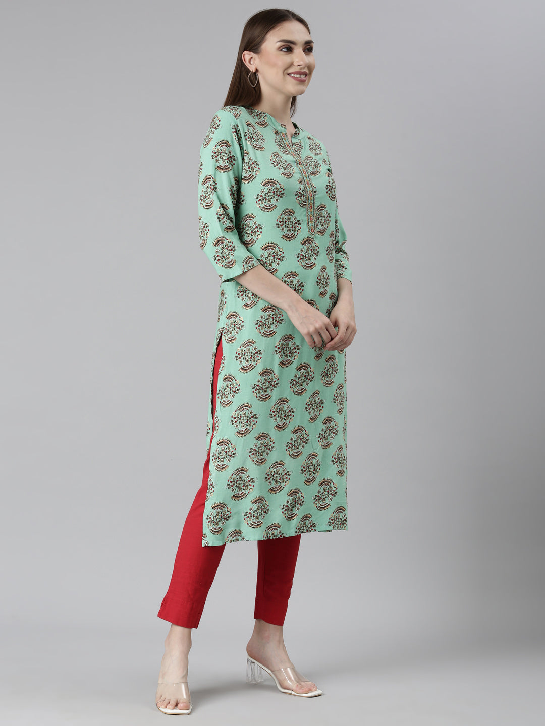 Neerus Green rayon printed floral kurta set - back view