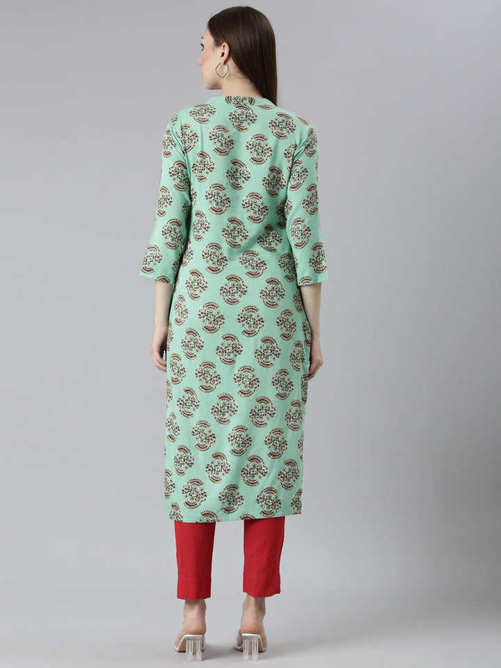 Neerus Green rayon printed floral kurta set - side view