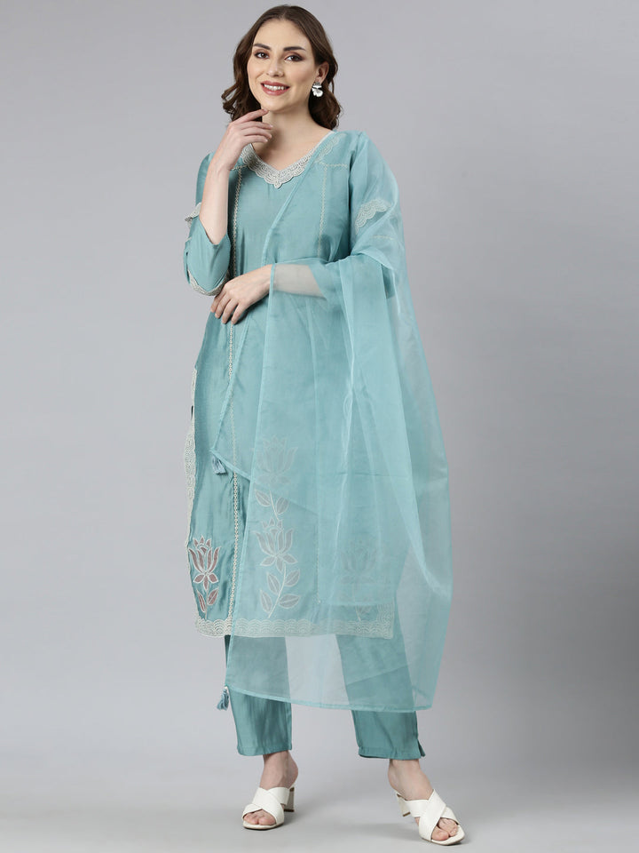 Neerus Blue Shantoon printed suit set - front view