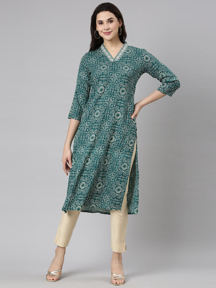 Neerus Green rayon bandhani printed kurti - front view