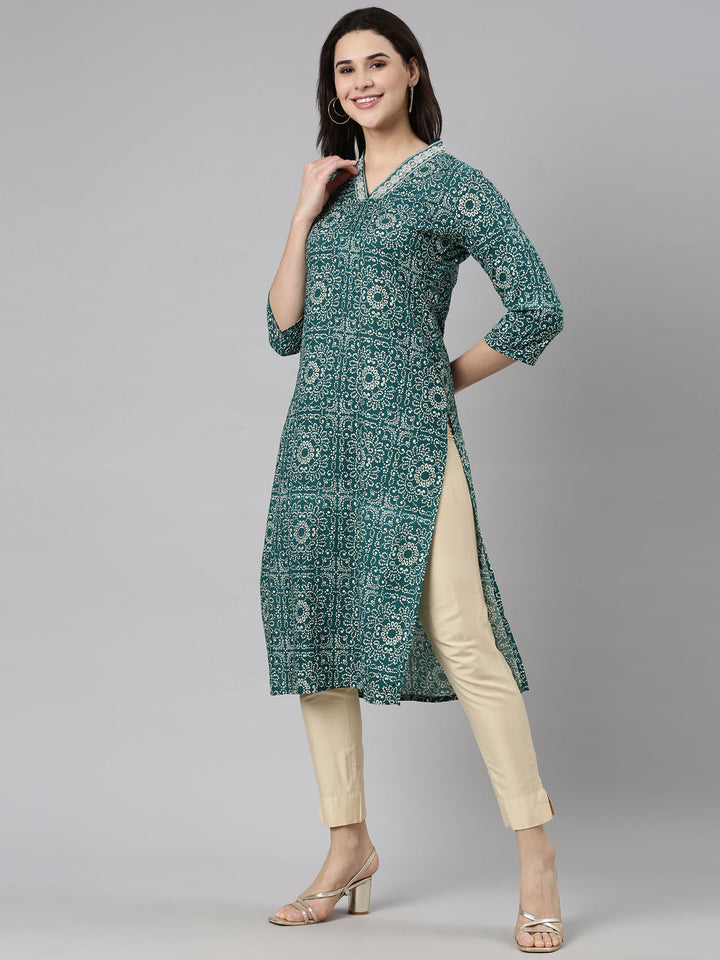 Neerus Green rayon bandhani printed kurti - back view