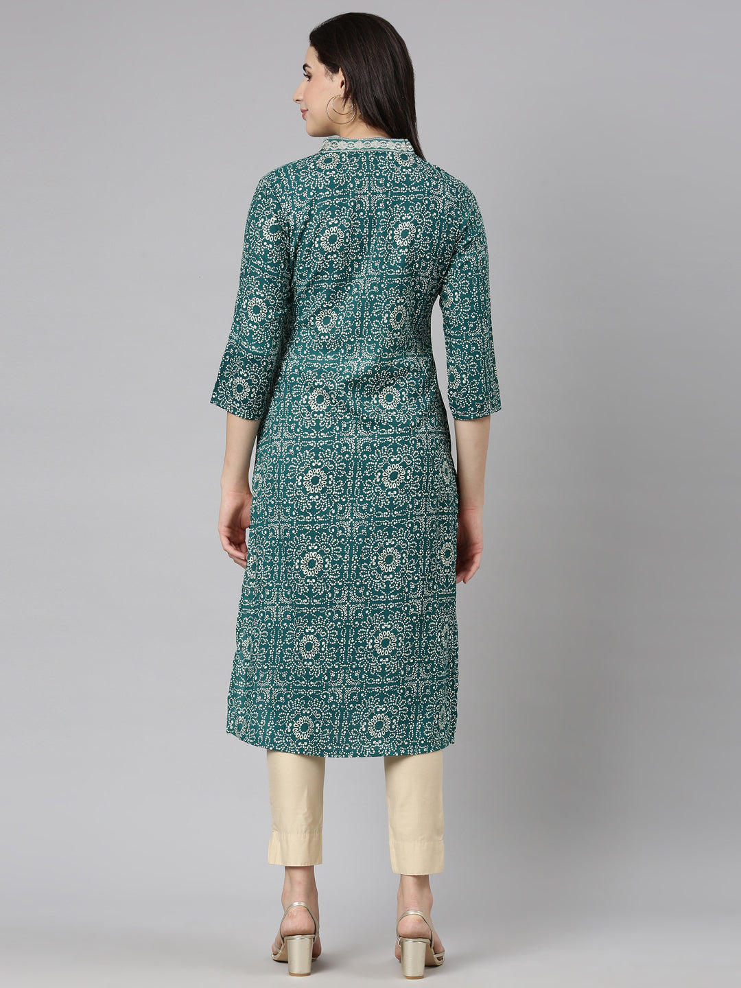 Neerus Green rayon bandhani printed kurti - side view