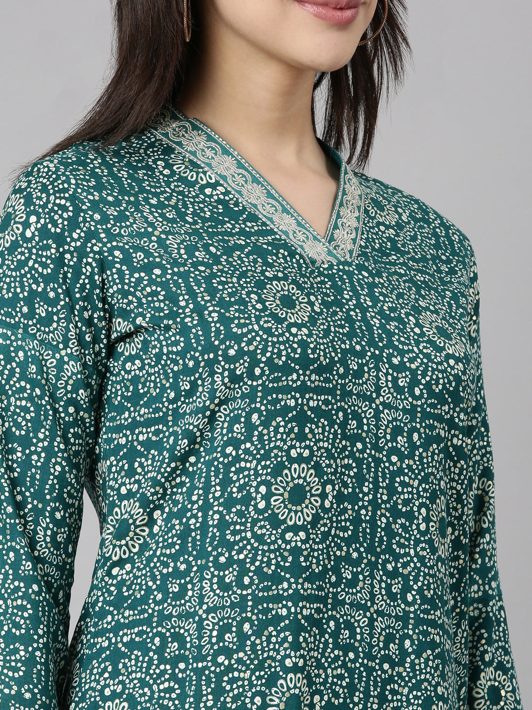 Neerus Green rayon bandhani printed kurti - detail view 1
