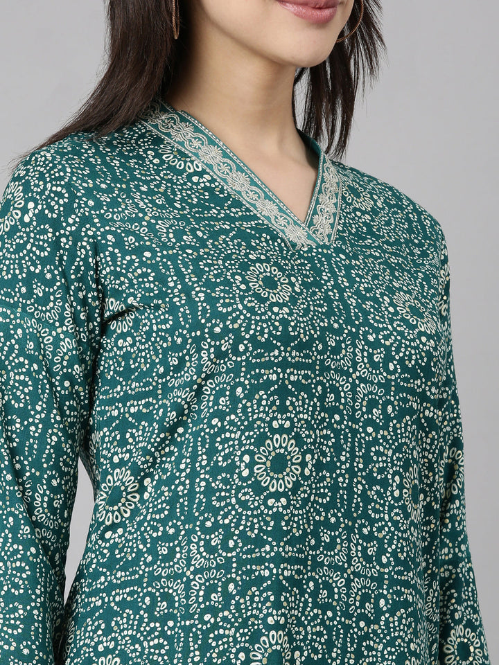 Neerus Green rayon bandhani printed kurti - detail view 1