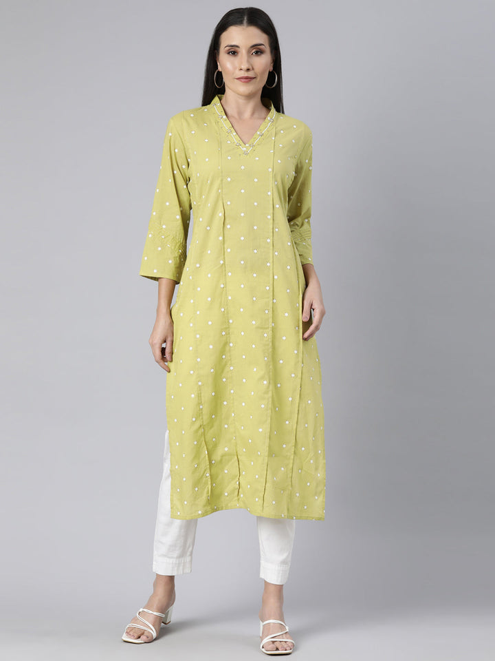 Neerus Green cotton printed panelled straight kurti - front view