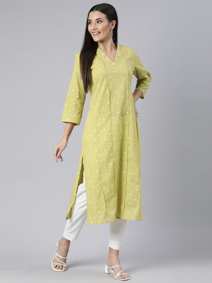 Neerus Green cotton printed panelled straight kurti - detail view 1