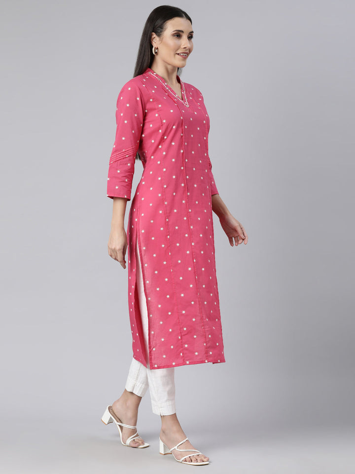 Neerus Pink floral printed panelled straight kurti - back view
