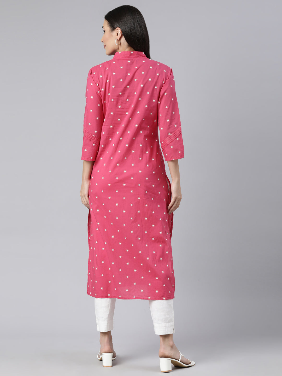 Neerus Pink floral printed panelled straight kurti - side view
