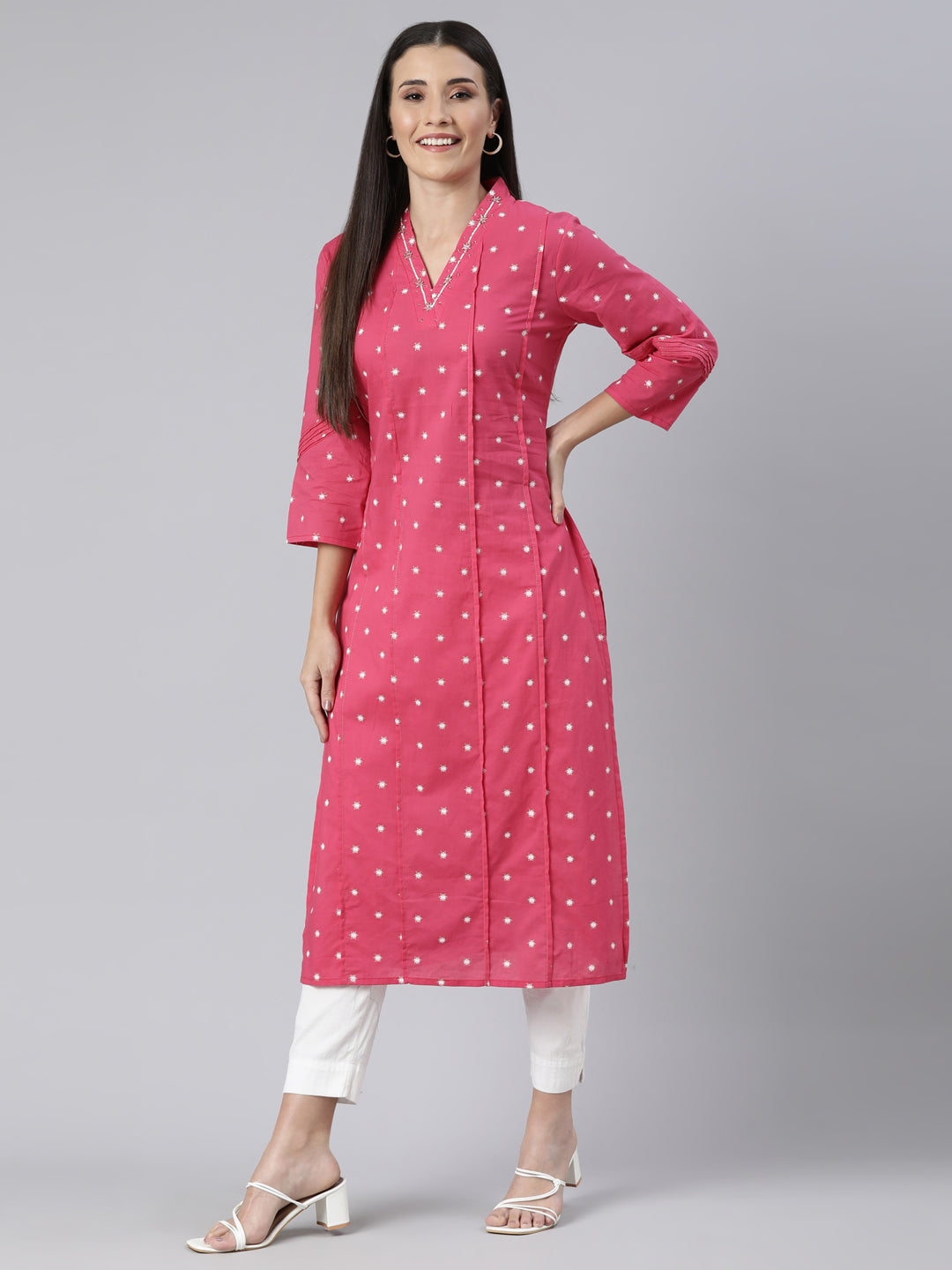 Neerus Pink floral printed panelled straight kurti - detail view 2