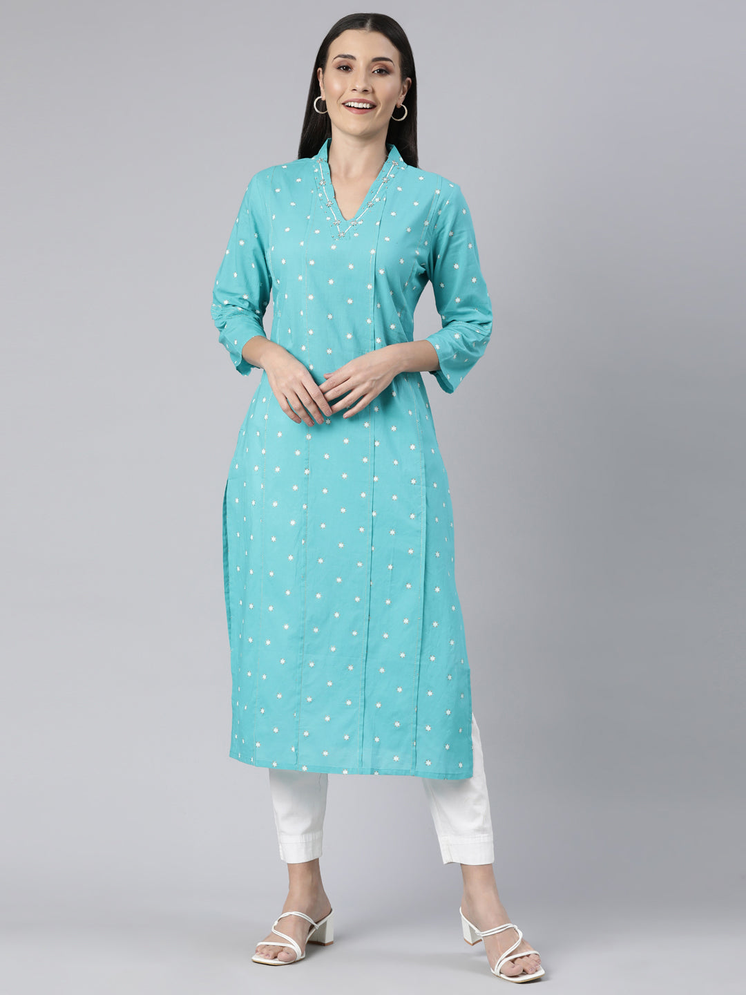 Neerus Blue floral printed straight panelled kurti - front view