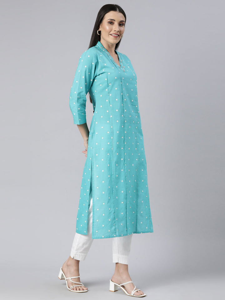 Neerus Blue floral printed straight panelled kurti - back view
