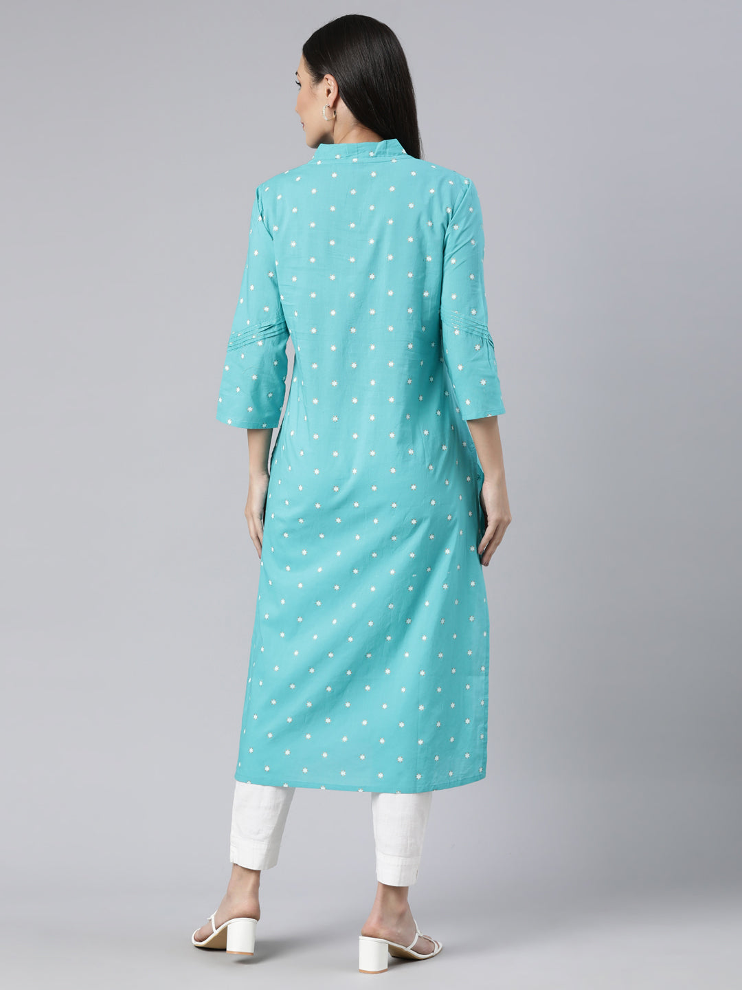Neerus Blue floral printed straight panelled kurti - side view