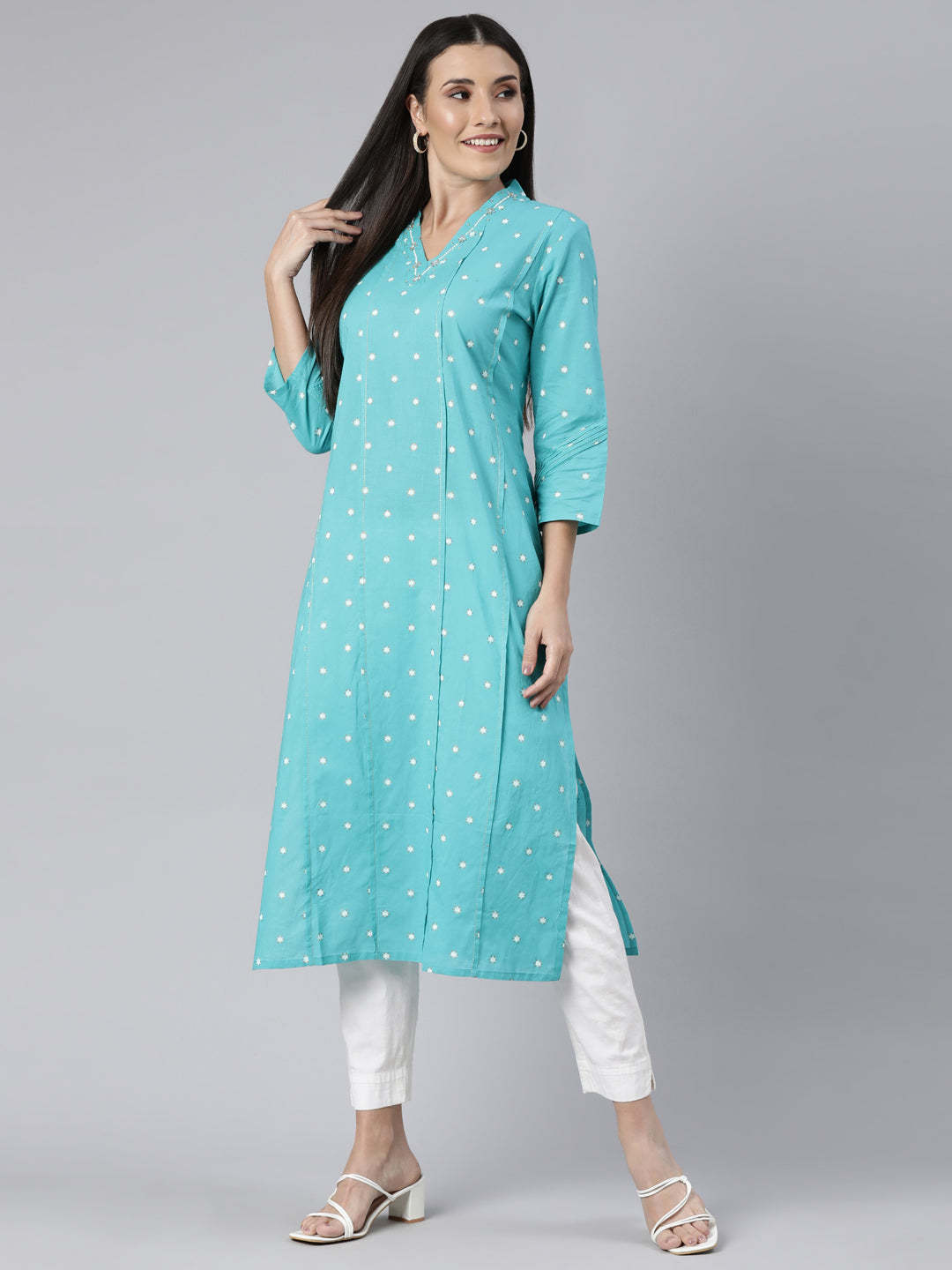 Neerus Blue floral printed straight panelled kurti - detail view 2