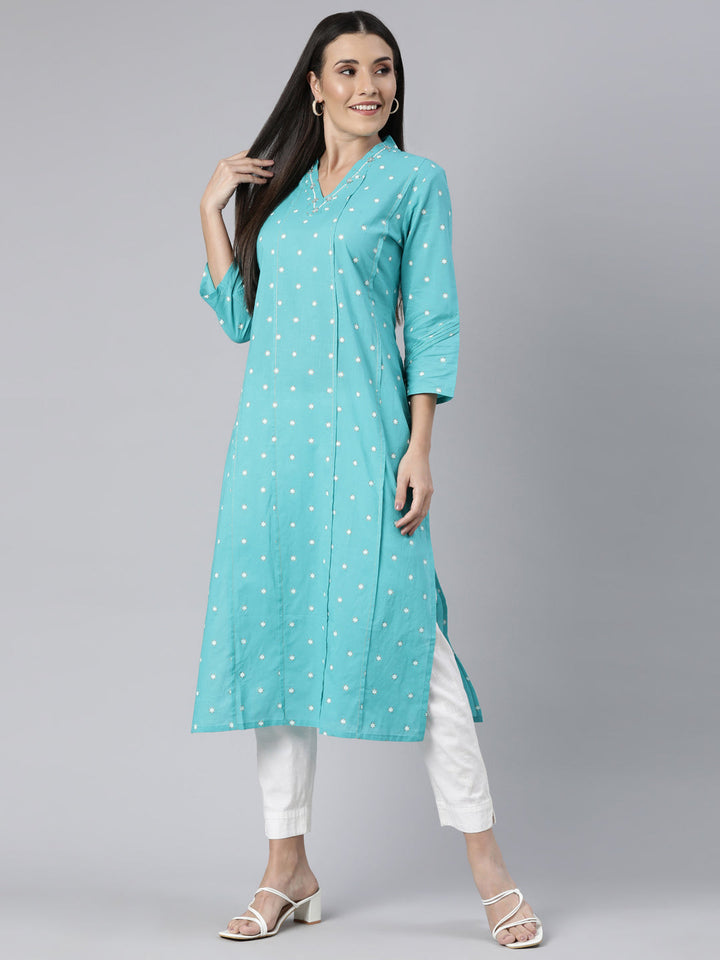 Neerus Blue floral printed straight panelled kurti - detail view 2