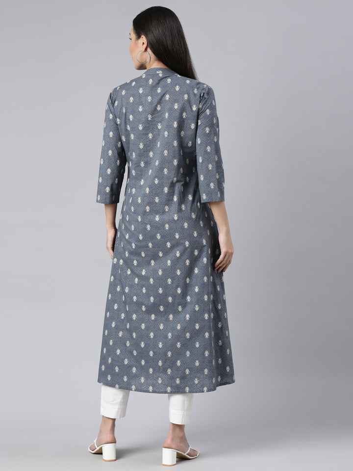 Neerus Grey cotton printed floral straight kurti - side view