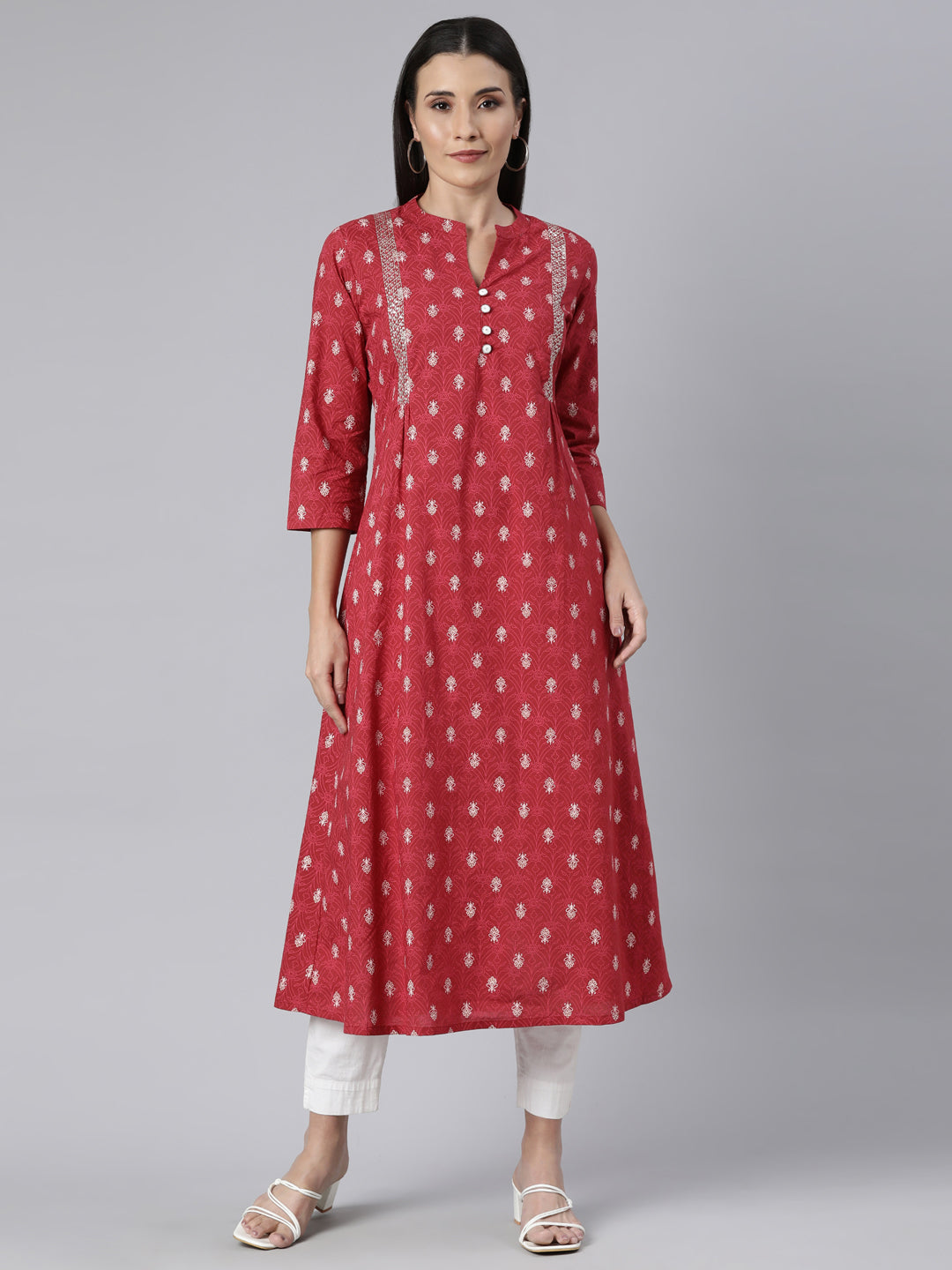Neerus Pink cotton printed kurti floral straight - front view