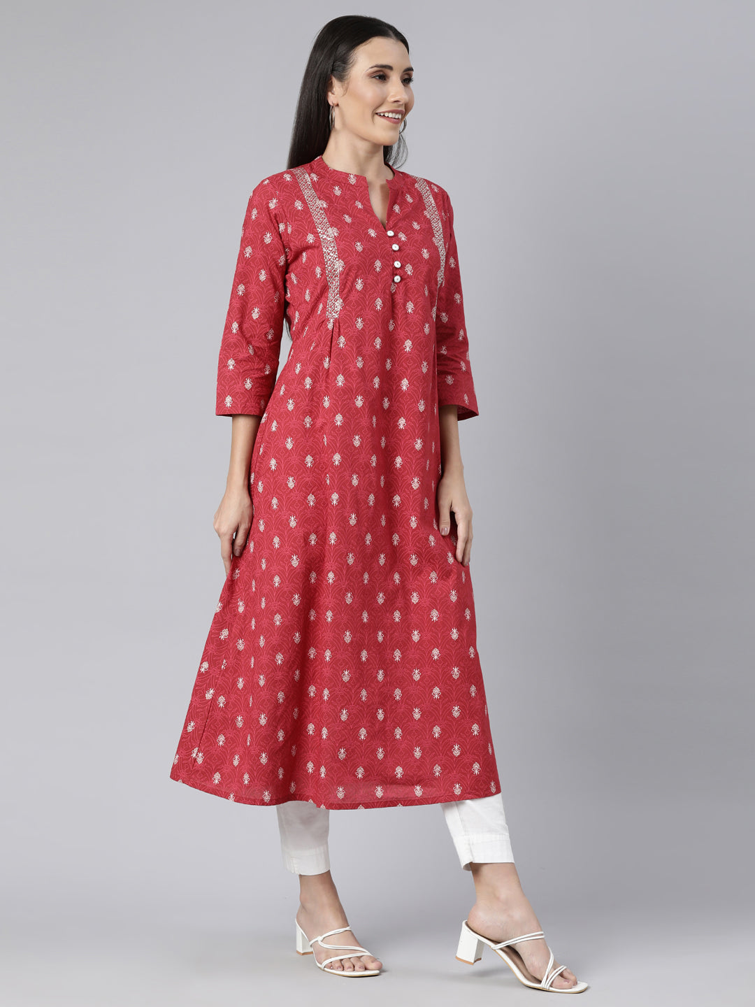 Neerus Pink cotton printed kurti floral straight - back view