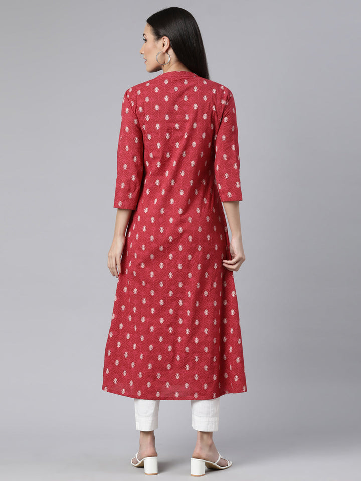 Neerus Pink cotton printed kurti floral straight - side view