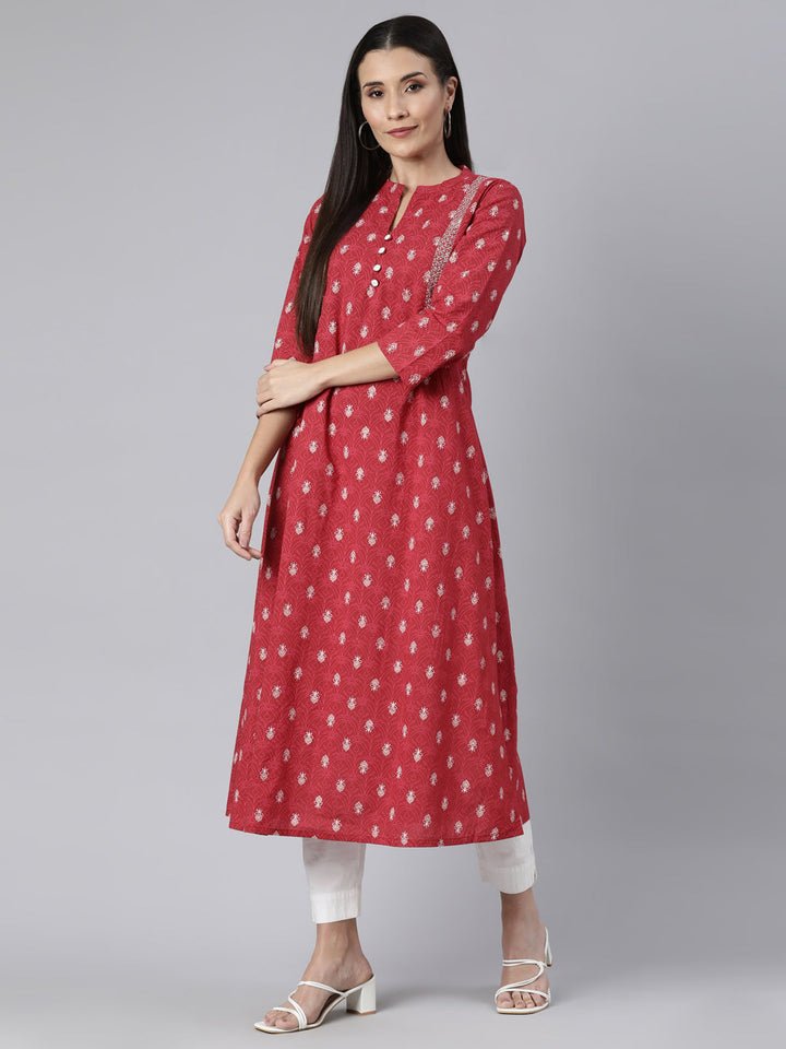 Neerus Pink cotton printed kurti floral straight - detail view 2