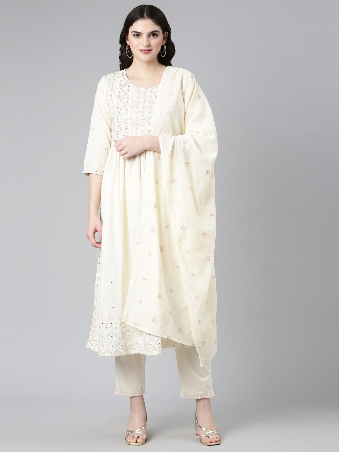 Neerus Beige cotton embroidered kurta set - front view