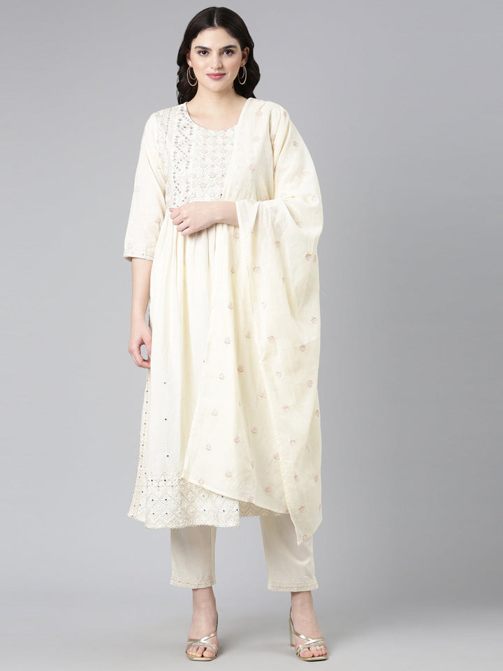 Neerus Beige cotton embroidered kurta set - front view