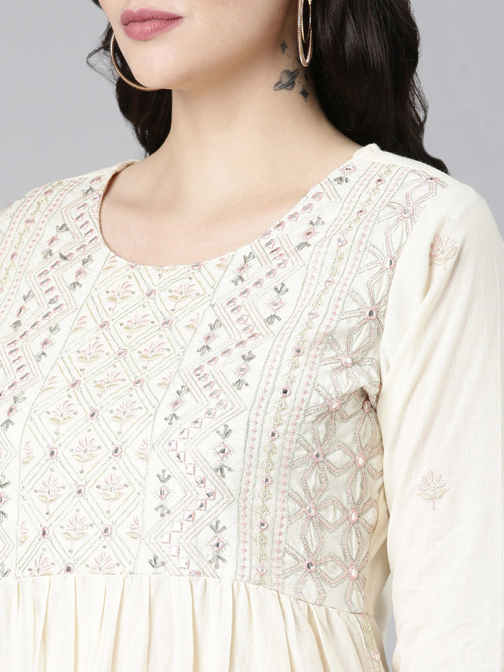 Neerus Beige cotton embroidered kurta set - detail view 1