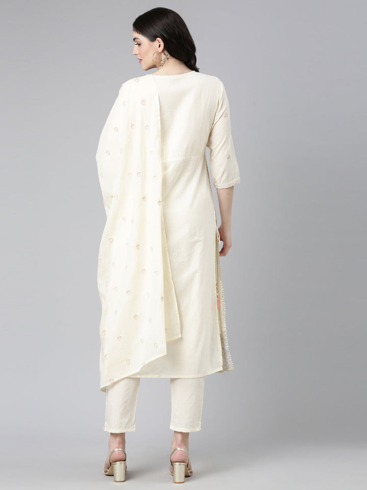 Neerus Beige cotton embroidered kurta set - side view