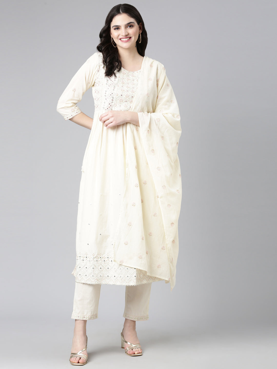 Neerus Beige cotton embroidered kurta set - detail view 2
