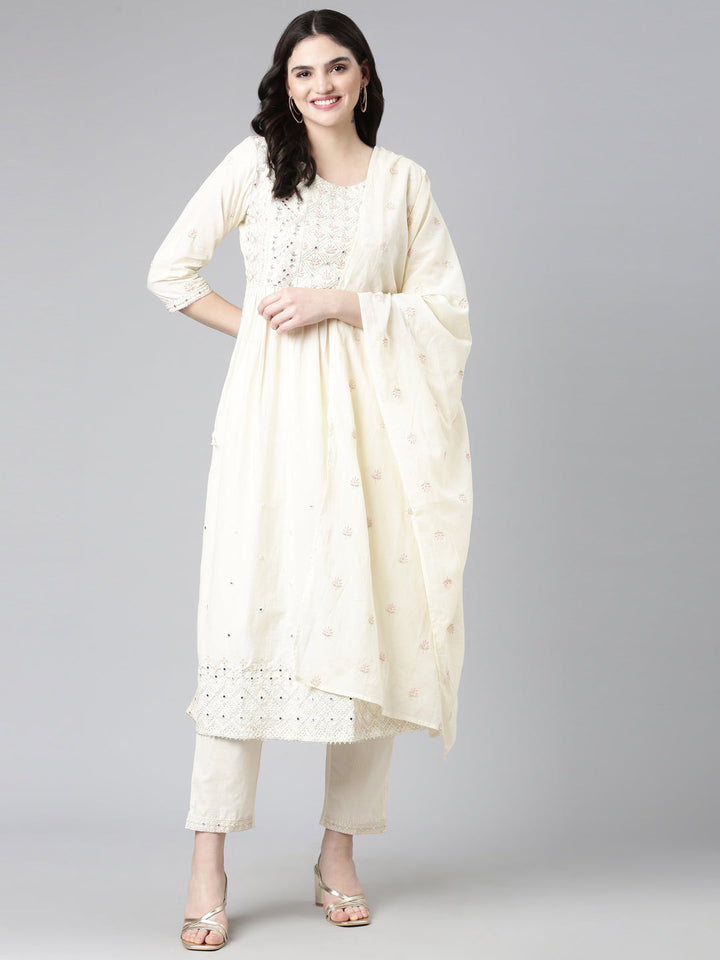Neerus Beige cotton embroidered kurta set - detail view 2