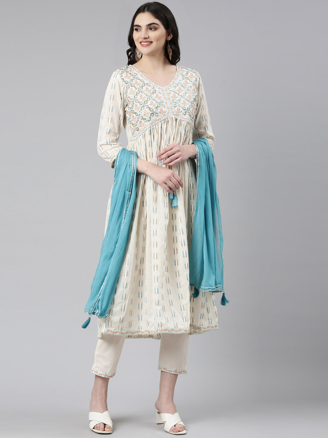 Neerus White cotton printed anarkali kurta set - front view