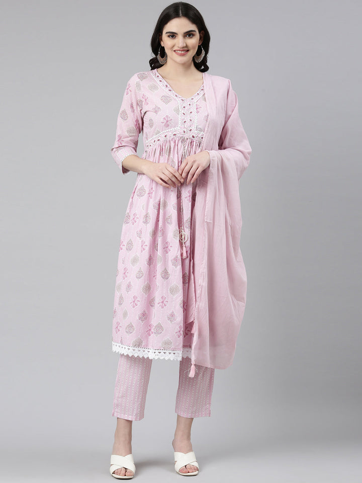 Neerus Pink cotton printed anarkali kurta set - front view