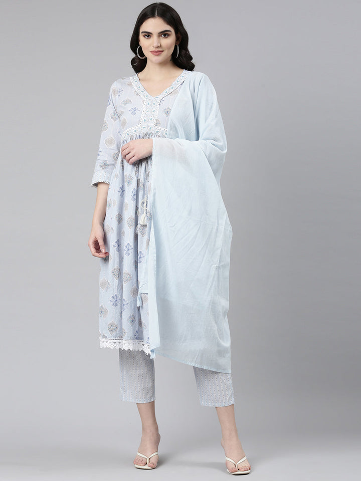 Neerus Blue cotton printed anarkali kurta set - front view