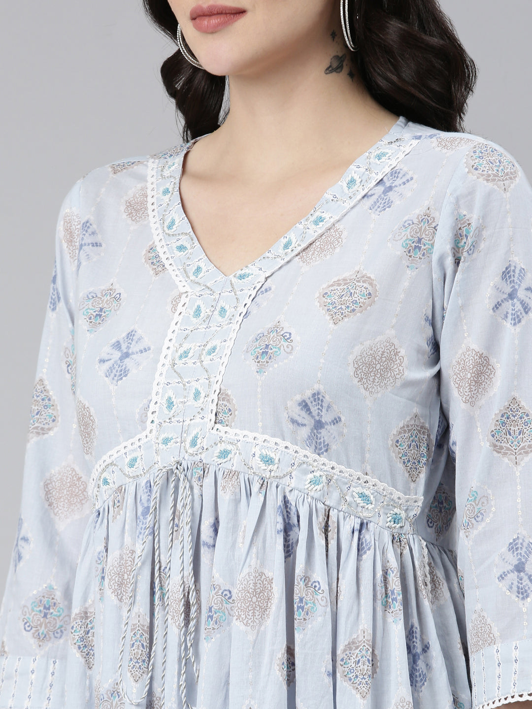 Neerus Blue cotton printed anarkali kurta set - detail view 1
