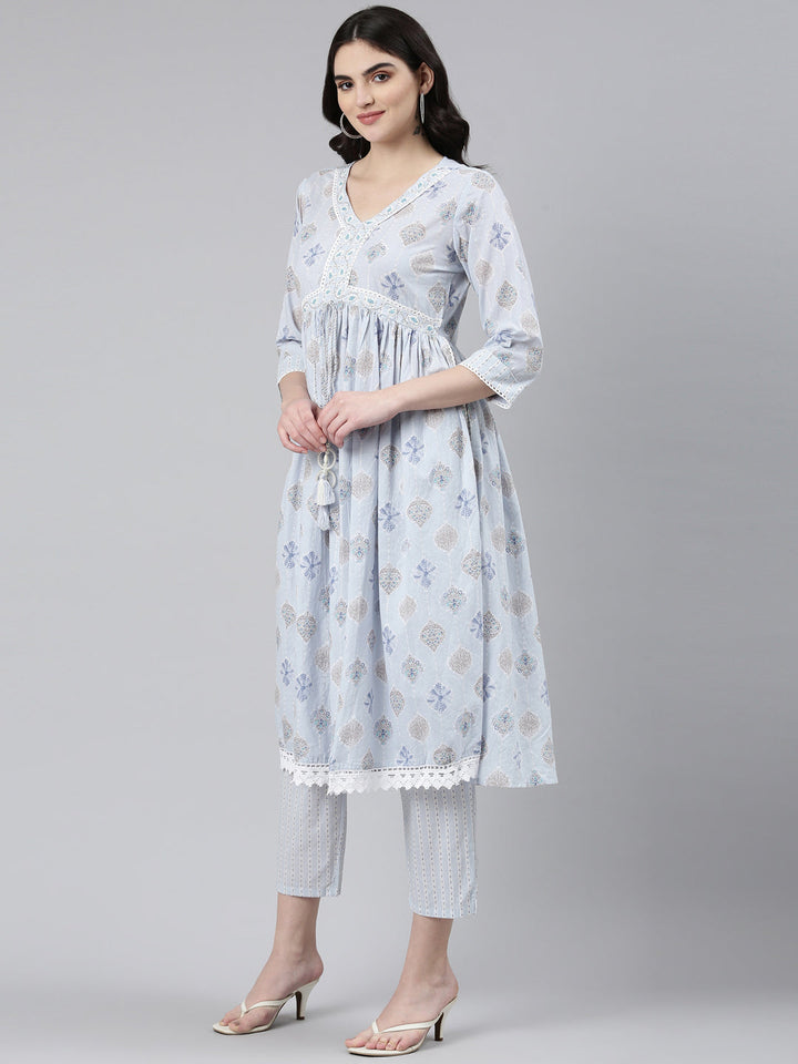 Neerus Blue cotton printed anarkali kurta set - back view